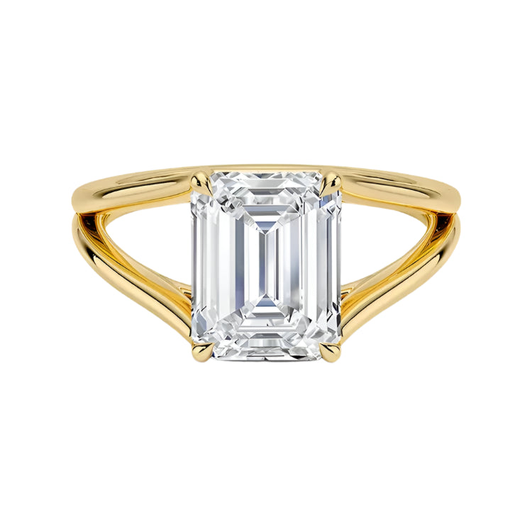 Emerald cut Moissanite lab grown diamond engagement ring round shank with a four claw setting, on a gold band, against a white background.Moissanite engagement ring cape town south africa grand diamonds ralph jacobs jeulia 