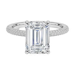 Emerald cut Moissanite lab grown diamond engagement ring with three row micro pave set gold shank, hidden halo and moissanite encrusted claws against a white background.Moissanite engagement ring cape town south africa grand diamonds ralph jacobs jeulia 