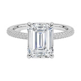 Emerald cut Moissanite lab grown diamond engagement ring with three row micro pave set gold shank, hidden halo and moissanite encrusted claws against a white background.Moissanite engagement ring cape town south africa grand diamonds ralph jacobs jeulia 