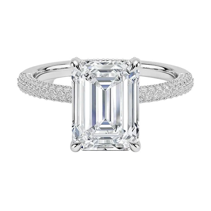 Emerald cut Moissanite lab grown diamond engagement ring with three row micro pave set gold shank, hidden halo and moissanite encrusted claws against a white background.Moissanite engagement ring cape town south africa grand diamonds ralph jacobs jeulia 