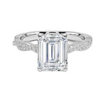 Emerald cut Moissanite lab grown diamond engagement ring with twisted pave set gold shank, against a white background.Moissanite engagement ring cape town south africa grand diamonds ralph jacobs jeulia 