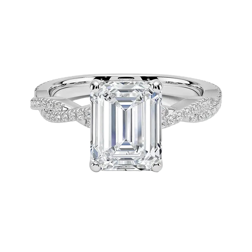 Emerald cut Moissanite lab grown diamond engagement ring with twisted pave set gold shank, against a white background.Moissanite engagement ring cape town south africa grand diamonds ralph jacobs jeulia 