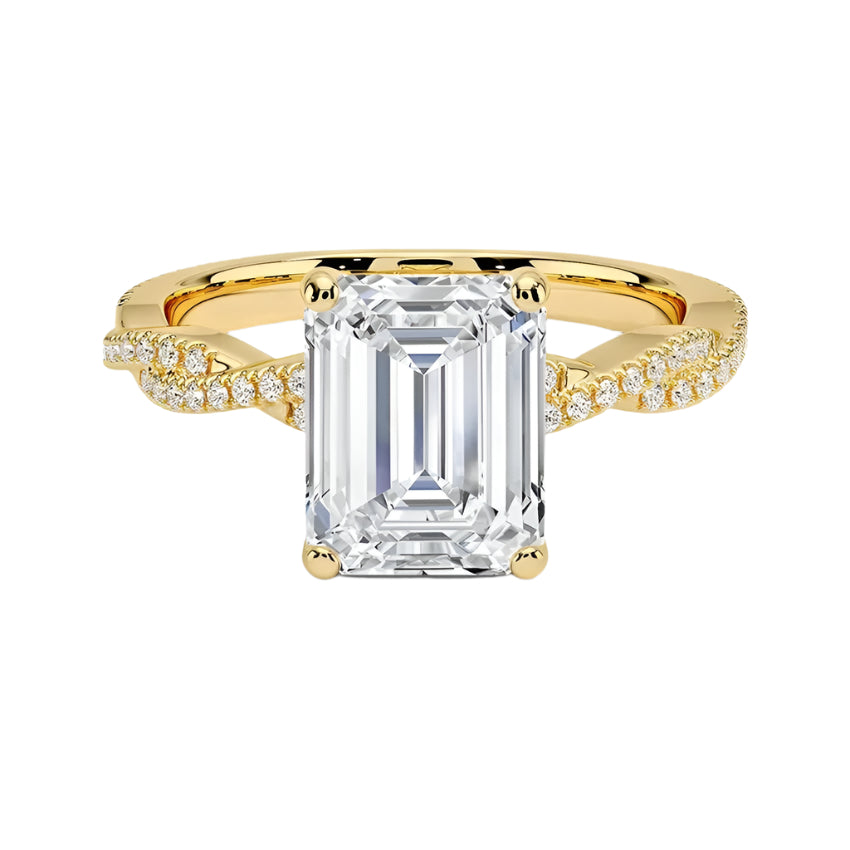 Emerald cut Moissanite lab grown diamond engagement ring with twisted pave set gold shank, against a white background.Moissanite engagement ring cape town south africa grand diamonds ralph jacobs jeulia 