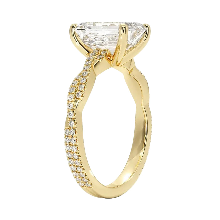 Emerald cut Moissanite lab grown diamond engagement ring with twisted pave set gold shank, against a white background.Moissanite engagement ring cape town south africa grand diamonds ralph jacobs jeulia 