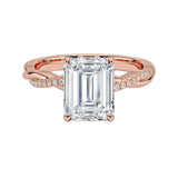 Emerald cut Moissanite lab grown diamond engagement ring with twisted single pave set gold shank, against a white background.Moissanite engagement ring cape town south africa grand diamonds ralph jacobs jeulia