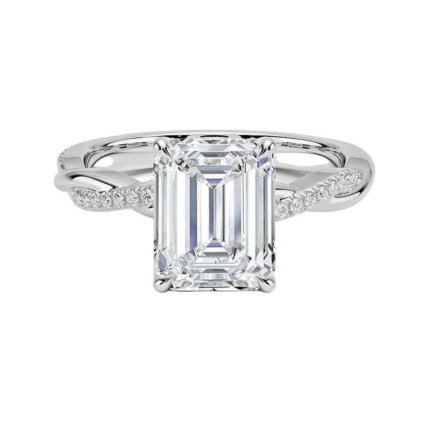 Emerald cut Moissanite lab grown diamond engagement ring with twisted single pave set gold shank, against a white background.Moissanite engagement ring cape town south africa grand diamonds ralph jacobs jeulia