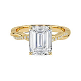 Emerald cut Moissanite lab grown diamond engagement ring with twisted single pave set gold shank, against a white background.Moissanite engagement ring cape town south africa grand diamonds ralph jacobs jeulia 
