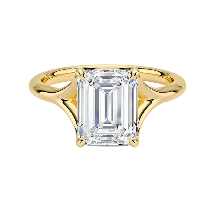 Emerald  cut Moissanite lab grown diamond engagement ring V-split band  with a four claw setting, on a gold band, against a white background.Moissanite engagement ring cape town south africa grand diamonds ralph jacobs jeulia  