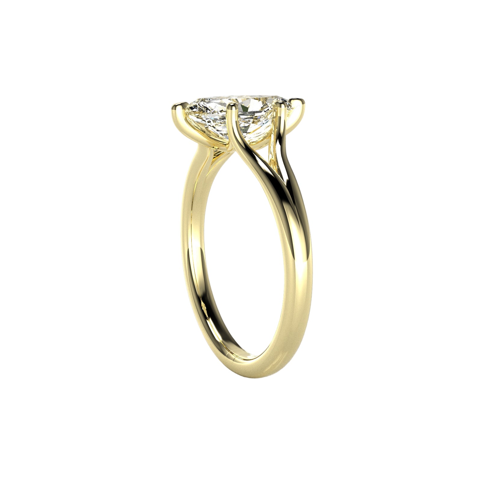 Marquise cut Moissanite lab grown diamond engagement ring v-split shank with a six claw setting, on a gold band, against a white background.Moissanite engagement ring cape town south africa grand diamonds ralph jacobs jeulia  
