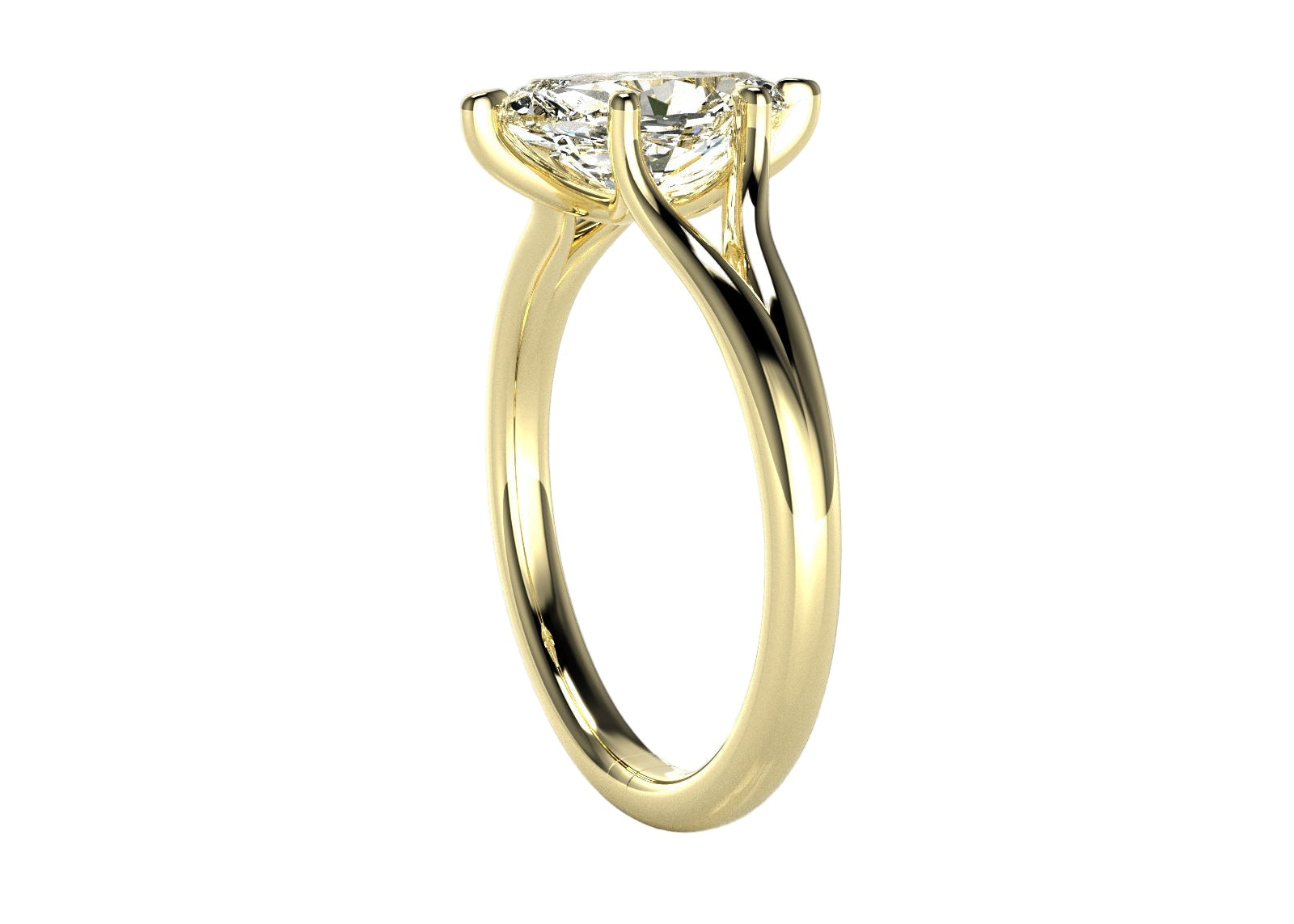 Marquise cut Moissanite lab grown diamond engagement ring v-split shank with a six claw setting, on a gold band, against a white background.Moissanite engagement ring cape town south africa grand diamonds ralph jacobs jeulia  