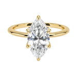 Marquise cut Moissanite lab grown diamond engagement ring round shank with six cat claw setting, on a gold band, against a white background.Moissanite engagement ring cape town south africa grand diamonds ralph jacobs jeulia 