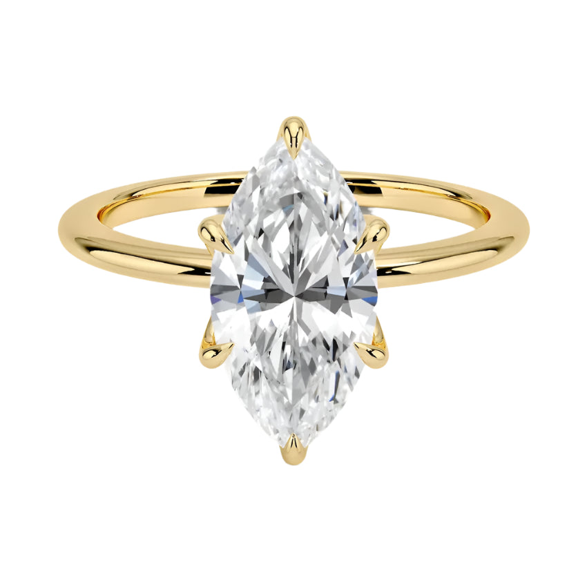 Marquise cut Moissanite lab grown diamond engagement ring round shank with six cat claw setting, on a gold band, against a white background.Moissanite engagement ring cape town south africa grand diamonds ralph jacobs jeulia 