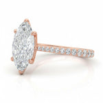 Marquise cut Moissanite lab grown diamond engagement ring pave set shank with cathedral setting, on a gold band, against a white background.Moissanite engagement ring cape town south africa grand diamonds ralph jacobs jeulia