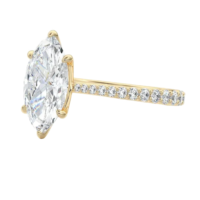 Marquise cut Moissanite lab grown diamond engagement ring pave set shank with cathedral setting, on a gold band, against a white background.Moissanite engagement ring cape town south africa grand diamonds ralph jacobs jeulia