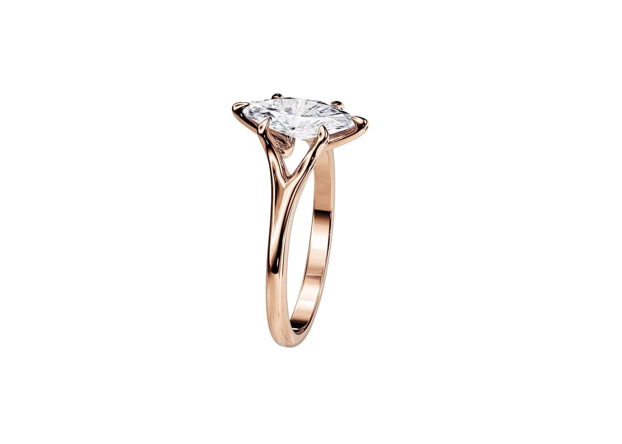 Marquise cut Moissanite lab grown diamond engagement ring v-split shank with a six claw setting, on a gold band, against a white background.Moissanite engagement ring cape town south africa grand diamonds ralph jacobs jeulia  