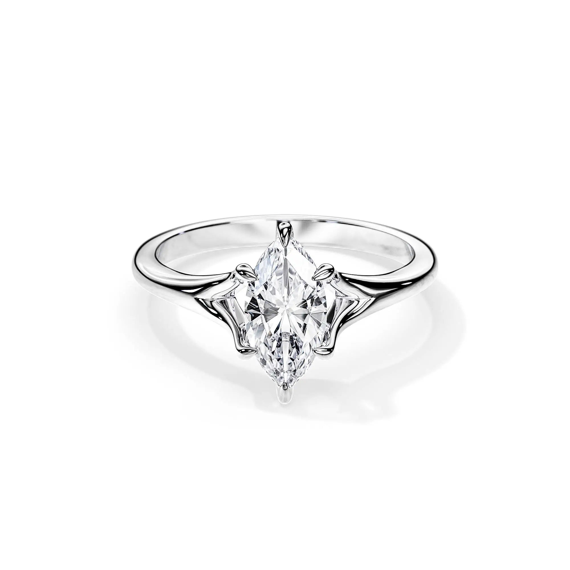 Marquise cut Moissanite lab grown diamond engagement ring v-split shank with a six claw setting, on a gold band, against a white background.Moissanite engagement ring cape town south africa grand diamonds ralph jacobs jeulia  