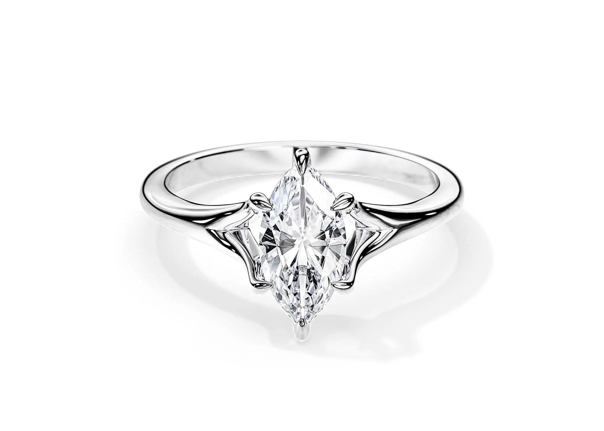 Marquise cut Moissanite lab grown diamond engagement ring v-split shank with a six claw setting, on a gold band, against a white background.Moissanite engagement ring cape town south africa grand diamonds ralph jacobs jeulia  