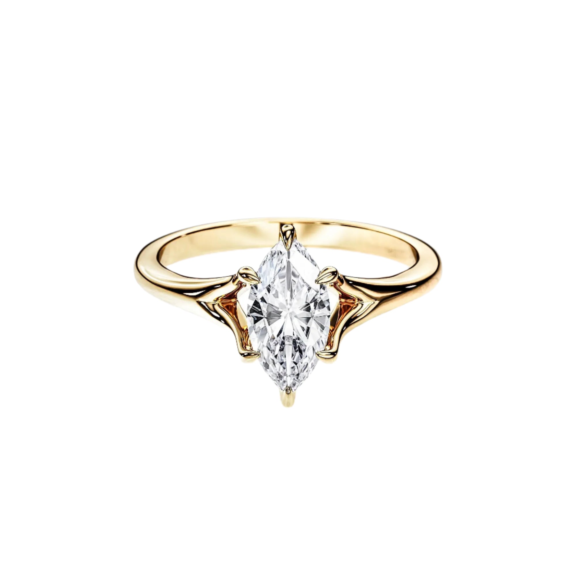 Marquise cut Moissanite lab grown diamond engagement ring v-split shank with a six claw setting, on a gold band, against a white background.Moissanite engagement ring cape town south africa grand diamonds ralph jacobs jeulia  