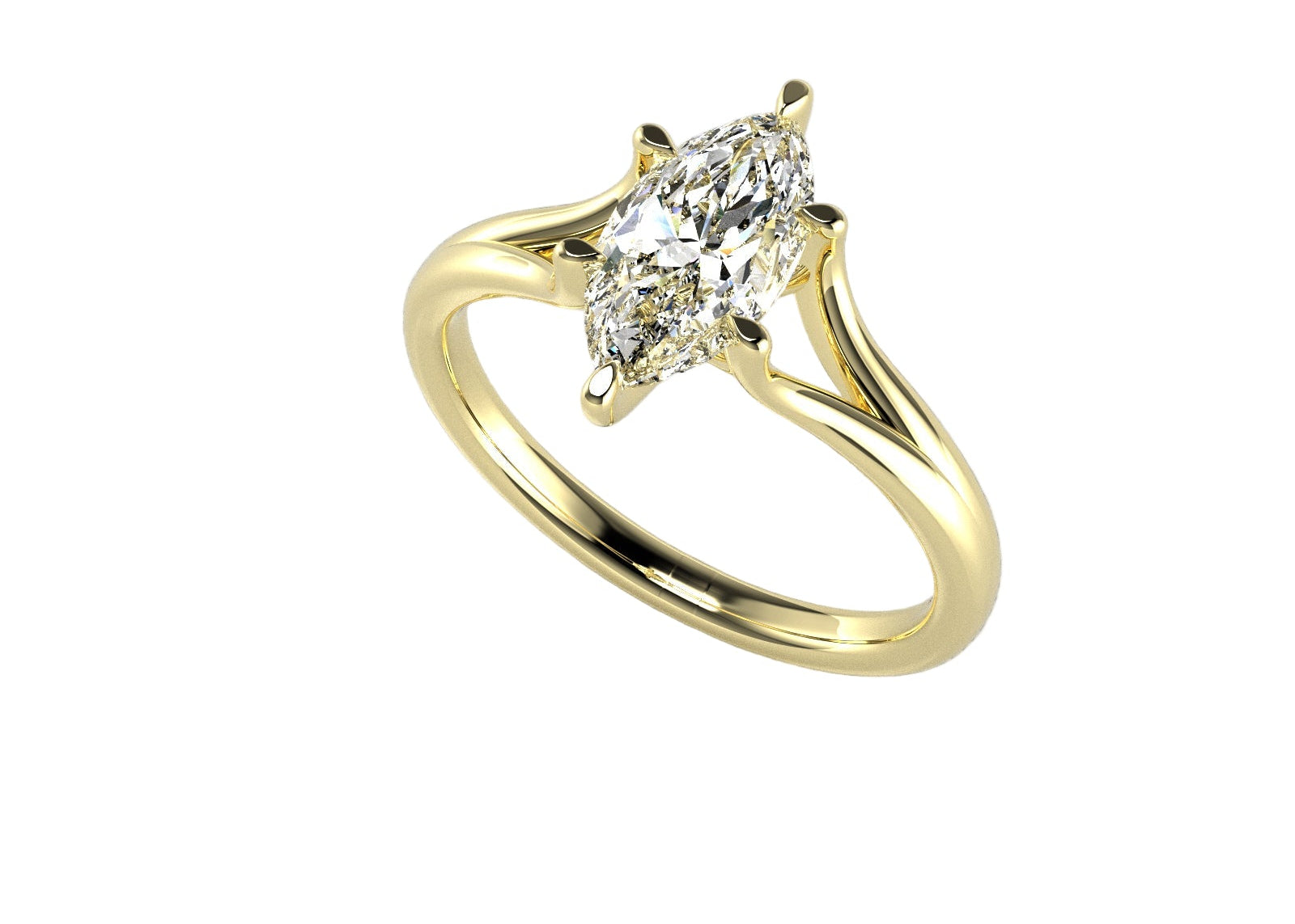 Marquise cut Moissanite lab grown diamond engagement ring v-split shank with a six claw setting, on a gold band, against a white background.Moissanite engagement ring cape town south africa grand diamonds ralph jacobs jeulia  