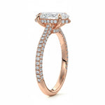 Marquise cut Moissanite lab grown diamond engagement ring with three row micro pave set gold shank, hidden double halo four cat claw against a white background.Moissanite engagement ring cape town south africa grand diamonds ralph jacobs jeulia 