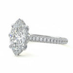 Marquise cut Moissanite lab grown diamond engagement ring with three row micro pave set gold shank, hidden double halo four cat claw against a white background.Moissanite engagement ring cape town south africa grand diamonds ralph jacobs jeulia 