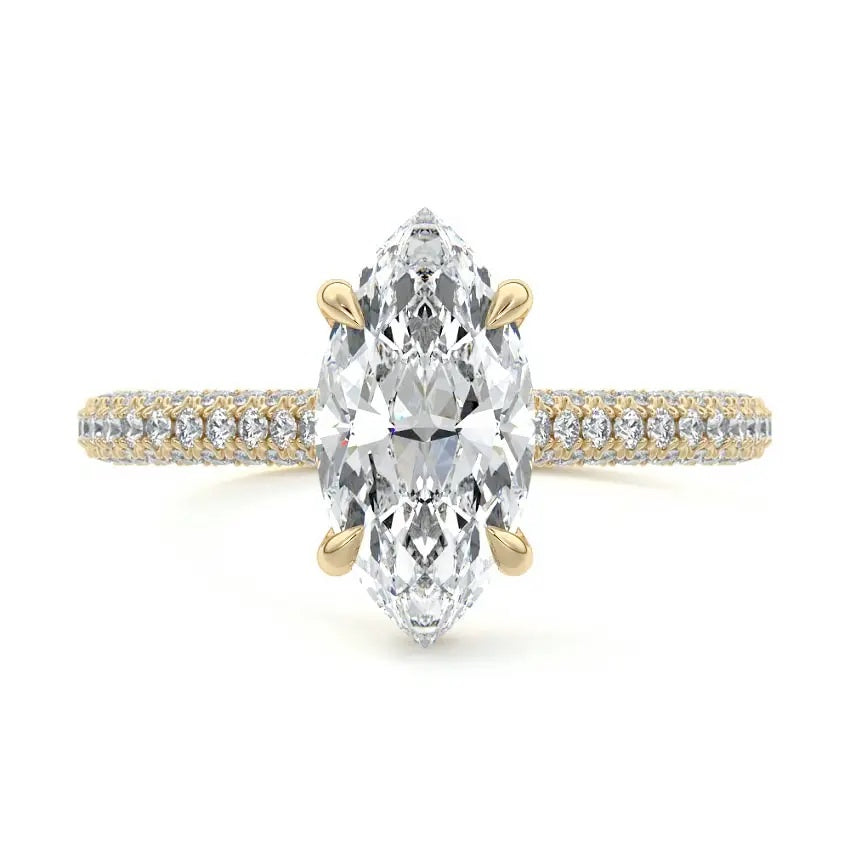 Marquise cut Moissanite lab grown diamond engagement ring with three row micro pave set gold shank, hidden double halo four cat claw against a white background.Moissanite engagement ring cape town south africa grand diamonds ralph jacobs jeulia 