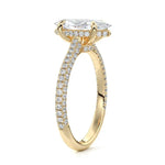 Marquise cut Moissanite lab grown diamond engagement ring with three row micro pave set gold shank, hidden double halo four cat claw against a white background.Moissanite engagement ring cape town south africa grand diamonds ralph jacobs jeulia 