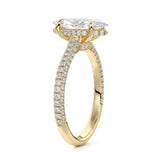 Marquise cut Moissanite lab grown diamond engagement ring with three row micro pave set gold shank, hidden double halo four cat claw against a white background.Moissanite engagement ring cape town south africa grand diamonds ralph jacobs jeulia 