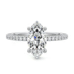 Marquise cut Moissanite lab grown diamond engagement ring round shank with four cat claw setting hidden halo and pave set shank, on a gold band, against a white background.Moissanite engagement ring cape town south africa grand diamonds ralph jacobs jeulia 