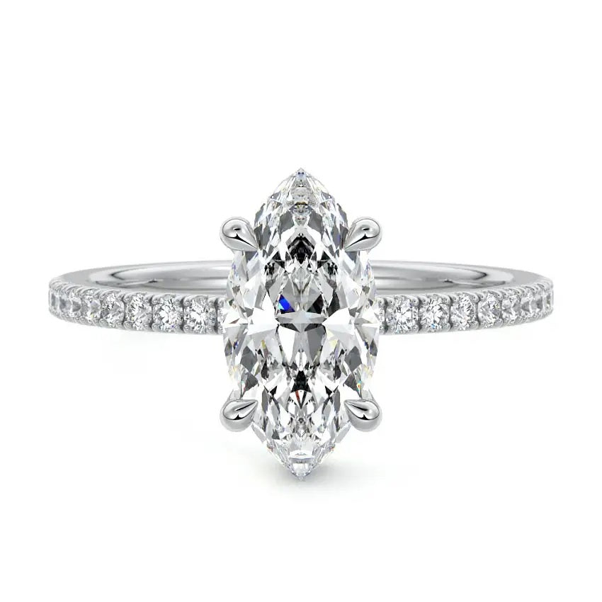 Marquise cut Moissanite lab grown diamond engagement ring round shank with four cat claw setting hidden halo and pave set shank, on a gold band, against a white background.Moissanite engagement ring cape town south africa grand diamonds ralph jacobs jeulia 