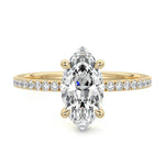 Marquise cut Moissanite lab grown diamond engagement ring round shank with four cat claw setting hidden halo and pave set shank, on a gold band, against a white background.Moissanite engagement ring cape town south africa grand diamonds ralph jacobs jeulia 