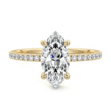 Marquise cut Moissanite lab grown diamond engagement ring round shank with four cat claw setting hidden halo and pave set shank, on a gold band, against a white background.Moissanite engagement ring cape town south africa grand diamonds ralph jacobs jeulia 