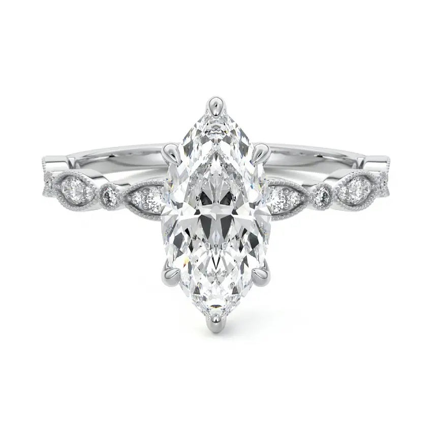 Marquise cut Moissanite lab grown diamond engagement ring half eternity fancy set shank with classic six prong setting, on a gold band, against a white background.Moissanite engagement ring cape town south africa grand diamonds ralph jacobs jeulia 