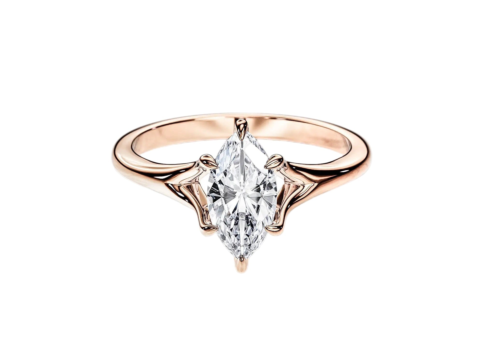 Marquise cut Moissanite lab grown diamond engagement ring v-split shank with a six claw setting, on a gold band, against a white background.Moissanite engagement ring cape town south africa grand diamonds ralph jacobs jeulia  
