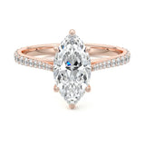 Marquise cut Moissanite lab grown diamond engagement ring pave set shank with cathedral setting, on a gold band, against a white background.Moissanite engagement ring cape town south africa grand diamonds ralph jacobs jeulia