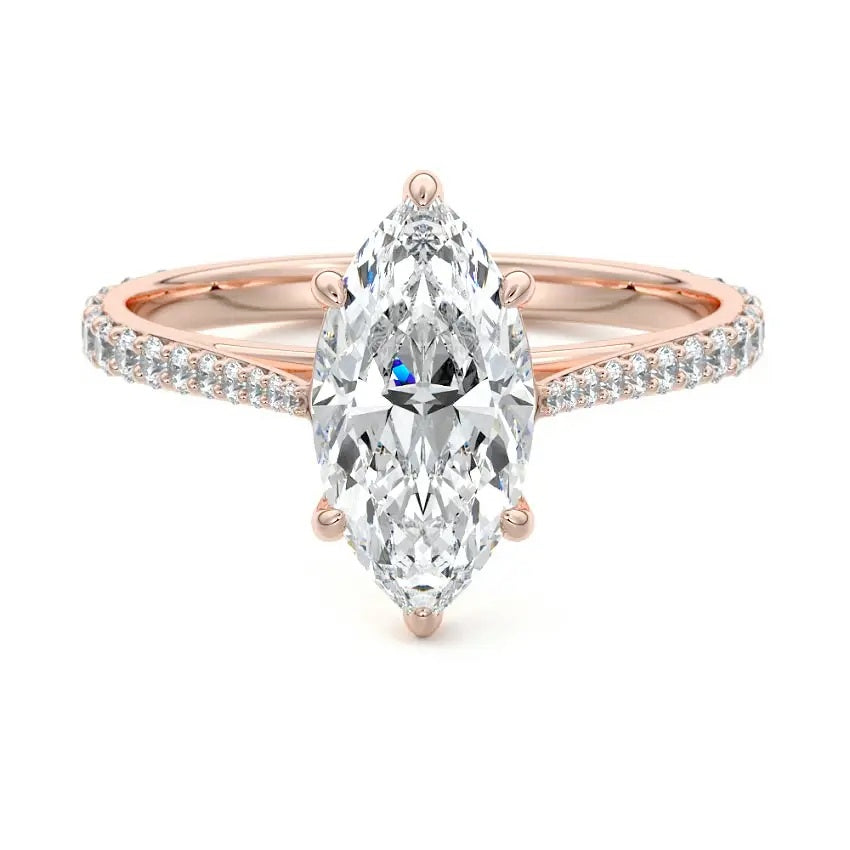 Marquise cut Moissanite lab grown diamond engagement ring pave set shank with cathedral setting, on a gold band, against a white background.Moissanite engagement ring cape town south africa grand diamonds ralph jacobs jeulia