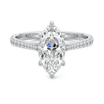 Marquise cut Moissanite lab grown diamond engagement ring pave set shank with cathedral setting, on a gold band, against a white background.Moissanite engagement ring cape town south africa grand diamonds ralph jacobs jeulia