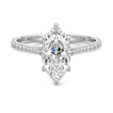 Marquise cut Moissanite lab grown diamond engagement ring pave set shank with cathedral setting, on a gold band, against a white background.Moissanite engagement ring cape town south africa grand diamonds ralph jacobs jeulia