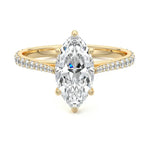 Marquise cut Moissanite lab grown diamond engagement ring pave set shank with cathedral setting, on a gold band, against a white background.Moissanite engagement ring cape town south africa grand diamonds ralph jacobs jeulia 