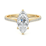 Marquise cut Moissanite lab grown diamond engagement ring pave set shank with cathedral setting, on a gold band, against a white background.Moissanite engagement ring cape town south africa grand diamonds ralph jacobs jeulia 