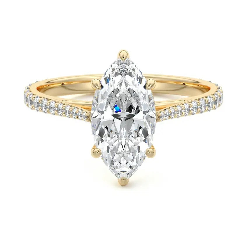Marquise cut Moissanite lab grown diamond engagement ring pave set shank with cathedral setting, on a gold band, against a white background.Moissanite engagement ring cape town south africa grand diamonds ralph jacobs jeulia 