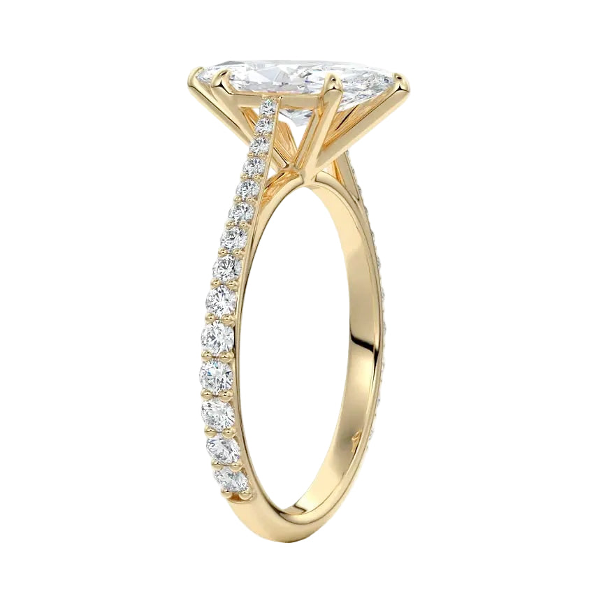 Marquise cut Moissanite lab grown diamond engagement ring pave set shank with cathedral setting, on a gold band, against a white background.Moissanite engagement ring cape town south africa grand diamonds ralph jacobs jeulia