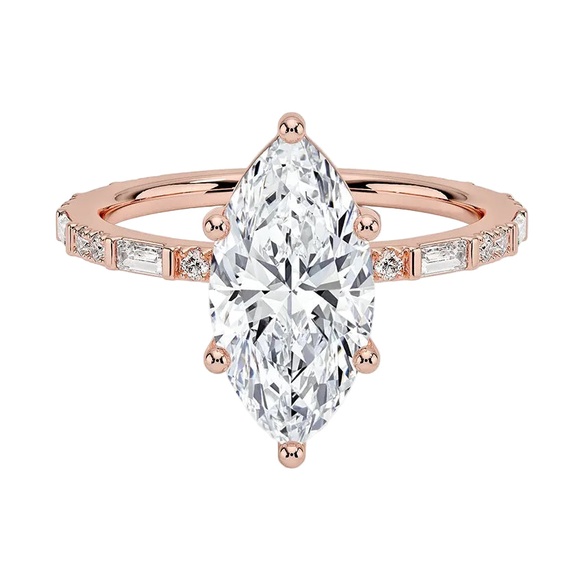 Marquise cut Moissanite lab grown diamond engagement ring with baguette and round moissanite's pave set shank with classic four prong setting, on a gold band, against a white background.Moissanite engagement ring cape town south africa grand diamonds ralph jacobs jeulia 