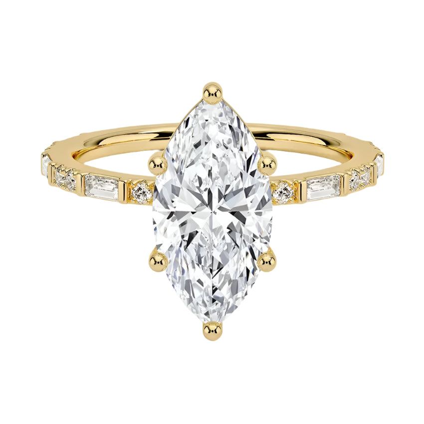 Marquise cut Moissanite lab grown diamond engagement ring with baguette and round moissanite's pave set shank with classic four prong setting, on a gold band, against a white background.Moissanite engagement ring cape town south africa grand diamonds ralph jacobs jeulia 