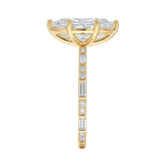Marquise cut Moissanite lab grown diamond engagement ring with baguette and round moissanite's pave set shank with classic four prong setting, on a gold band, against a white background.Moissanite engagement ring cape town south africa grand diamonds ralph jacobs jeulia 