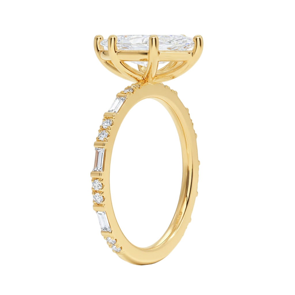 Marquise cut Moissanite lab grown diamond engagement ring with baguette and round moissanite's pave set shank with classic four prong setting, on a gold band, against a white background.Moissanite engagement ring cape town south africa grand diamonds ralph jacobs jeulia 