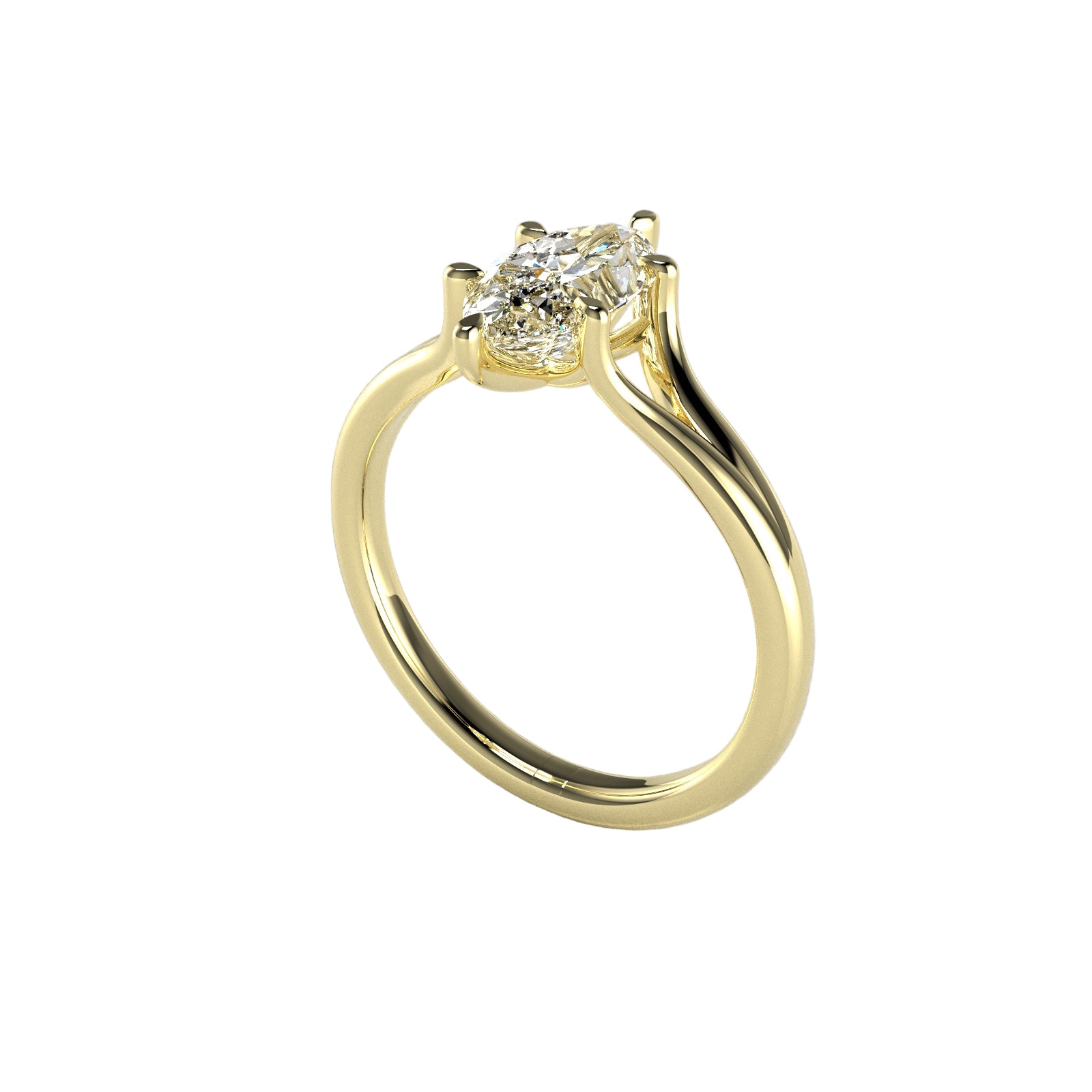 Marquise cut Moissanite lab grown diamond engagement ring v-split shank with a six claw setting, on a gold band, against a white background.Moissanite engagement ring cape town south africa grand diamonds ralph jacobs jeulia  