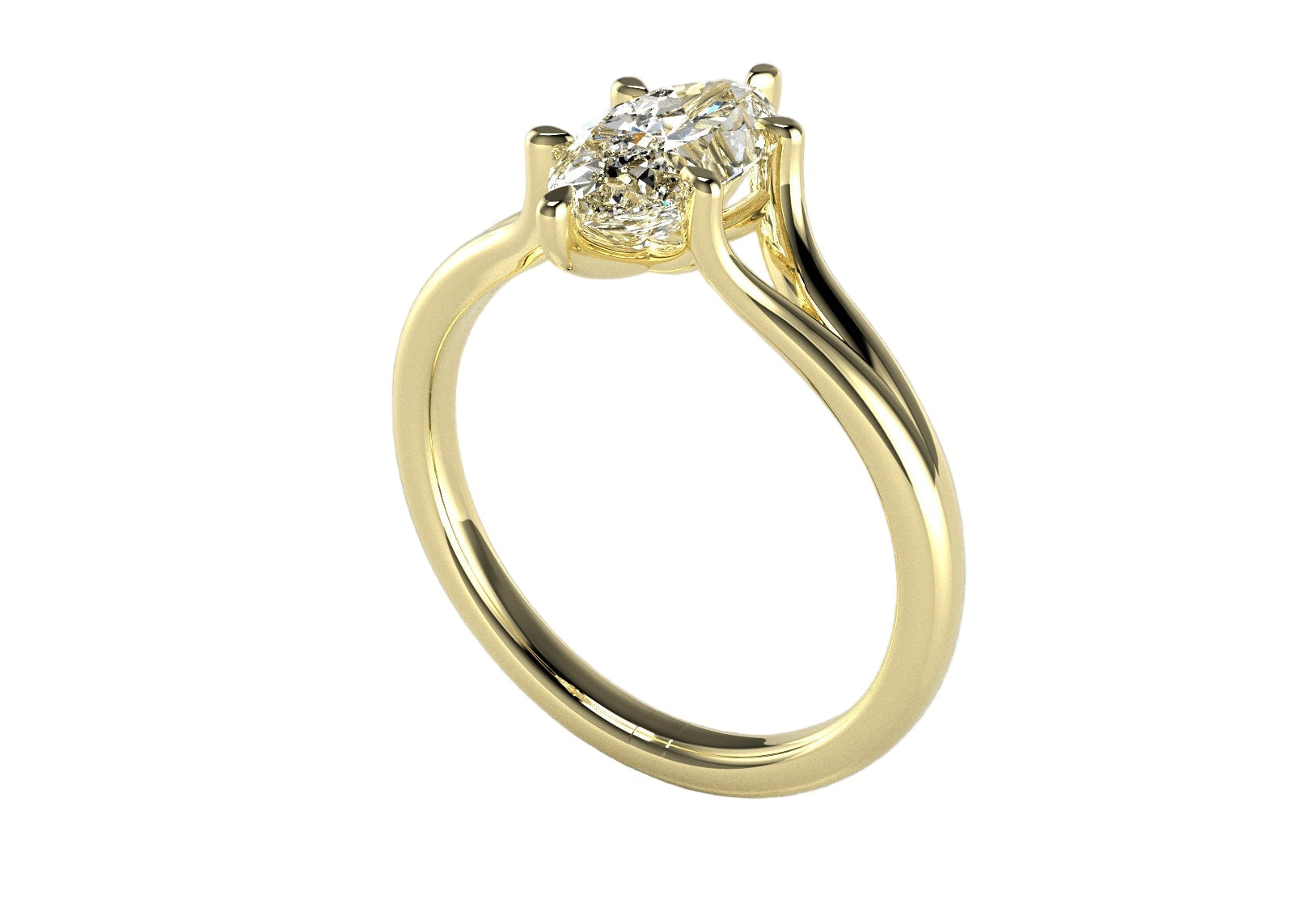 Marquise cut Moissanite lab grown diamond engagement ring v-split shank with a six claw setting, on a gold band, against a white background.Moissanite engagement ring cape town south africa grand diamonds ralph jacobs jeulia  