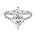 Marquise cut Moissanite lab grown diamond engagement ring V-Split shank with six cat claw setting, on a gold band, against a white background.Moissanite engagement ring cape town south africa grand diamonds ralph jacobs jeulia