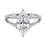 Marquise cut Moissanite lab grown diamond engagement ring V-Split shank with six cat claw setting, on a gold band, against a white background.Moissanite engagement ring cape town south africa grand diamonds ralph jacobs jeulia